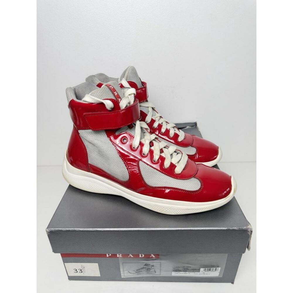Prada America’s Cup High Top Sneakers Red Silver Patent SZ 9